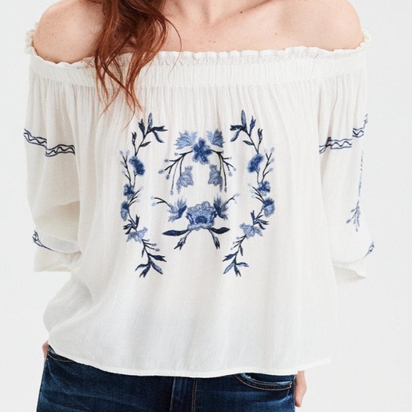 American Eagle Outfitters Tops - American Eagle Embroidered Off the shoulder Top